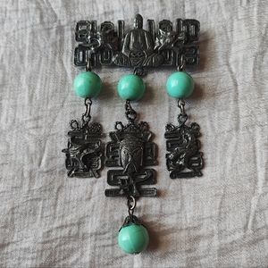 Asian Inspired Ethnic Faux Green Turquoise Metal Buddha Brooch Pewter Tone EUC